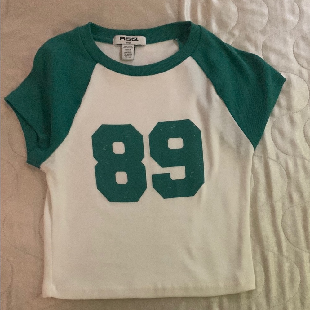 RSQ Green and White Short Sleeve Tee with Bold 89 Print
